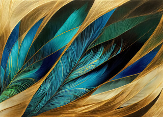 Abstract background with feather pattern, gradients and texture, digital painting in blue, green and gold colours.  Created with generative ai technology