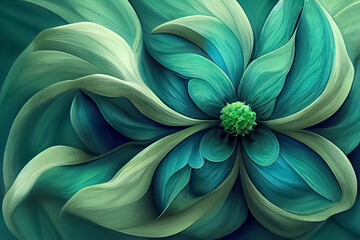 Abstract flower background with blue and green gradients and texture, digital painting.  Created with generative ai technology