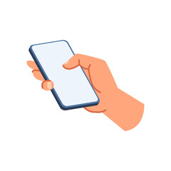 Holding and using smartphone, isolated hand of user with a modern device and big screen. Touchscreen of telephone in arms. Vector in flat cartoon style