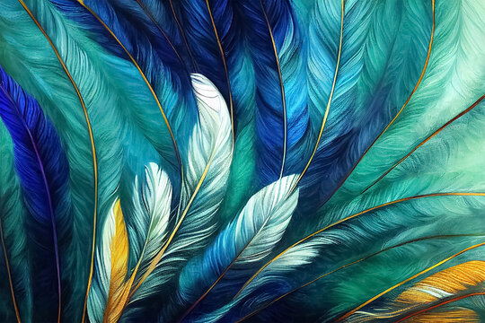 Fototapeta Abstract background with feather pattern, gradients and texture, digital painting in blue, green and gold colours