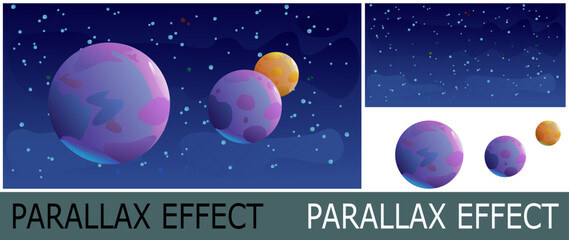 Satellite planets in space. Image from layers for overlay with parallax effect. Beautiful scenery. Cartoon flat style design. Starry sky. Vector.