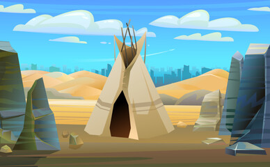 Indians wigwam hut made of felt and skins. Far away is horizon of modern city. North American tribal dwelling. Traditional home of nomadic peoples. Vector. © WebPAINTER-Std
