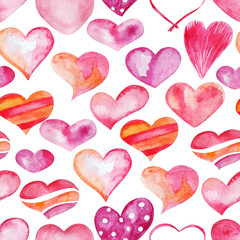 Watercolor hand drawn hearts seamless pattern background