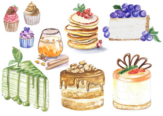 watercolor dessert set breakfast cakes cupcakes isolated for decoration design stickers