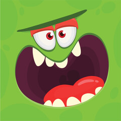 Funny cartoon monster face.  Illustration of cute and happy monster expression. Halloween design. Great for party decoration