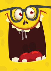 Funny cartoon monster face.  Illustration of cute and happy monster expression. Halloween design. Great for party decoration