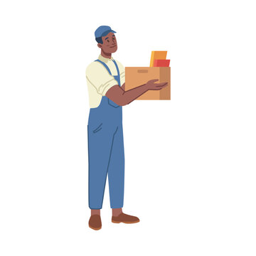 Man carrying boxes, package carton container. Transportation and relocation, delivery from warehouse. Courier in uniform. Vector in flat cartoon style