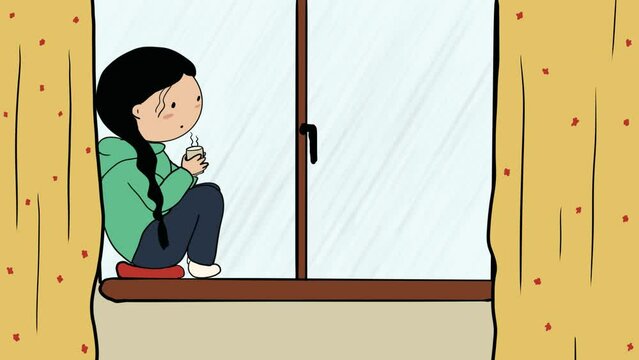 girl sitting on the windowsill drinking coffee and looking out the rainy window