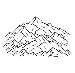 Mountains in engraving style. Nature landscape of highlands. Hand drawn design. Rocky ridge.