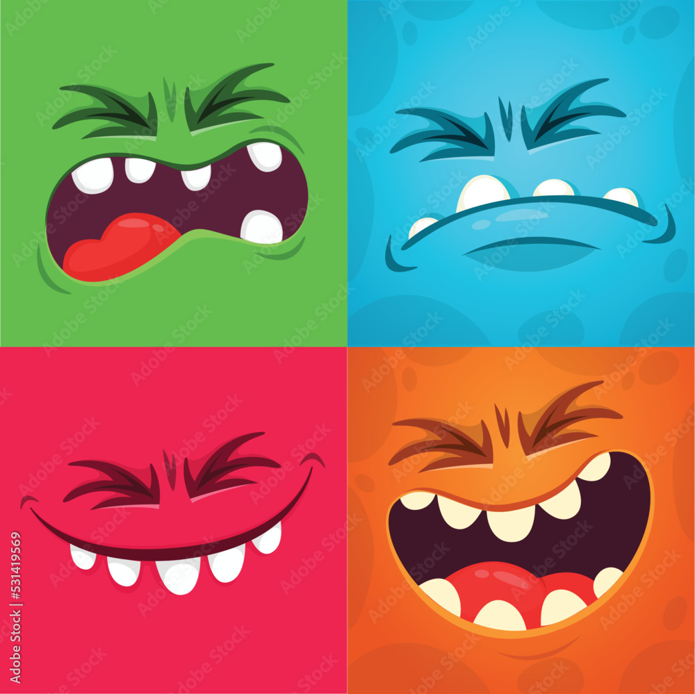 Wall mural funny cartoon monster face. illustration of cute and happy monster expression. halloween design. gre - Wall murals