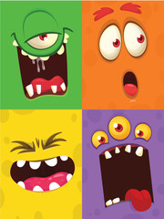 Funny cartoon monster face.  Illustration of cute and happy monster expression. Halloween design. Great for party decoration