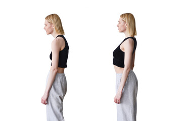 Woman with slouch and straight posture - obrazy, fototapety, plakaty