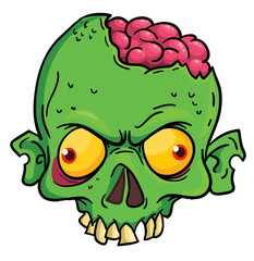 Cartoon funny green zombie character design with scary face expression. Halloween vector illustration isolated on white. Party poster or package design