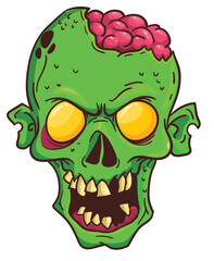 Cartoon funny green zombie character design with scary face expression. Halloween vector illustration isolated on white. Party poster or package design