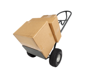 Big shipping boxes on a strong furniture dolly.  