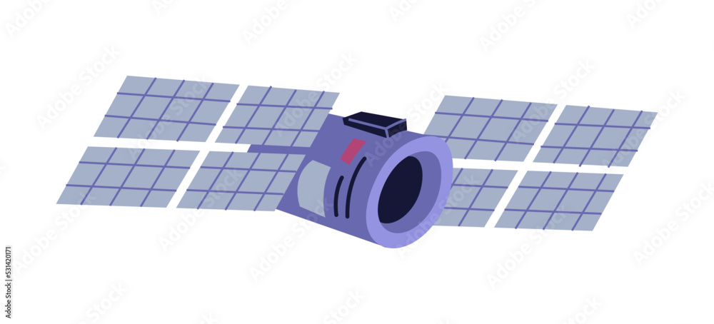 Poster Artificial satellite exploring and discovering Earth and space, universe and galaxy. Manmade object studying surface of planet. Vector in flat cartoon style