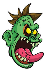Cartoon funny green zombie character design with scary face expression. Halloween vector illustration isolated on white. Party poster or package design