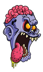 Cartoon funny green zombie character design with scary face expression. Halloween vector illustration isolated on white. Party poster or package design