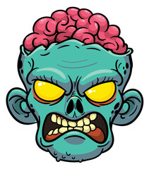Cartoon funny green zombie character design with scary face expression. Halloween vector illustration isolated on white. Party poster or package design - obrazy, fototapety, plakaty