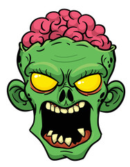 Cartoon funny green zombie character design with scary face expression. Halloween vector illustration isolated on white. Party poster or package design