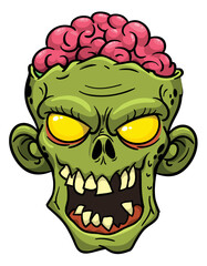 Cartoon funny green zombie character design with scary face expression. Halloween vector illustration isolated on white. Party poster or package design