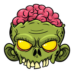 Cartoon funny green zombie character design with scary face expression. Halloween vector illustration isolated on white. Party poster or package design