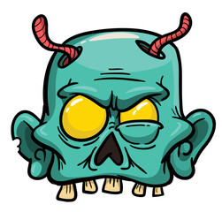 Cartoon funny green zombie character design with scary face expression. Halloween vector illustration isolated on white. Party poster or package design