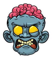 Cartoon funny green zombie character design with scary face expression. Halloween vector illustration isolated on white. Party poster or package design