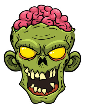 Cartoon funny green zombie character design with scary face expression. Halloween vector illustration isolated on white. Party poster or package design