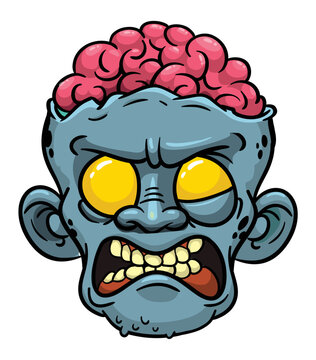 Cartoon funny green zombie character design with scary face expression. Halloween vector illustration isolated on white. Party poster or package design