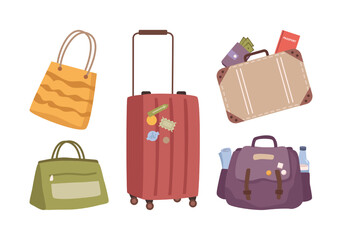Luggage and baggage of tourists, isolated bags with passports and flight tickets, money in cash and personal belongings. Handbags vector in flat cartoon style