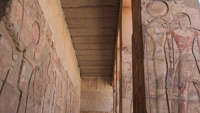 Columns With Drawings In The Ancient Temple Of Abydos, Egypt