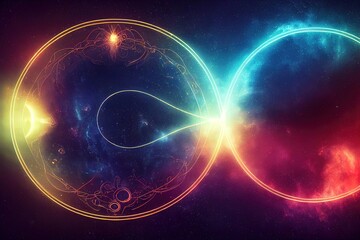 Golden zodiac ring. Abstract fantastic neon space landscape. With zodiac signs located towards the radius. Star nebulae, mountains, fog. horoscope, zodiac signs. 3D illustration