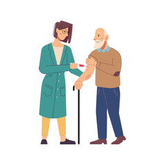 Doctor injecting vaccine to senior man patient in clinic or hospital. Isolated doc and pensioner, vaccination and healthcare. Vector in flat cartoon style