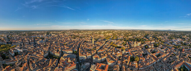 The drone panoramic view of Montpellier, France. Montpellier is a city in southern France near the Mediterranean Sea. One of the largest urban centres in the region of Occitania.