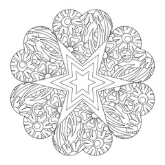 Coloring book page mandala with hearts. Outline doodle hand drawn vector illustration