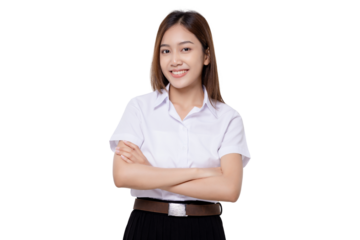 Confident teen student girl of Asian ethnicity in university uniform crossing arms isolated over white background.
