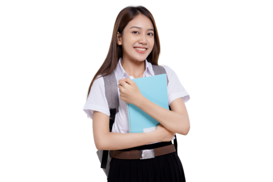 Portrait smiling of teen student girl of Asian ethnicity in university uniform hold backpack isolated over white background.