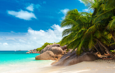 The most beautiful beach of Seychelles. Anse Lazio, Praslin, Seychelles - obrazy, fototapety, plakaty