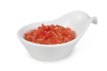 Tomato sauce or Ajvar and tomatoes isolated on a white background.