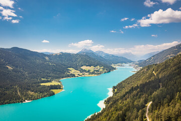 Fototapeta na wymiar Lake Weissensee in Carinthia. Famous idyllic place in the South of Austria.