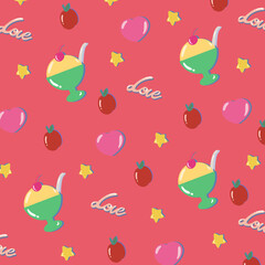 Girly anime design retro japanese background pattern with ice cream soda and cherry