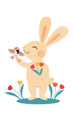 A cute funny rabbit enjoys the spring, holds a bouquet of tulips in his hands, looks at the singing bird. Vector illustration. 2023 new year of the rabbit