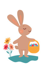 A cute funny small rabbit holds a basket with Easter eggs in his hands and smiles cutely. Vector spring illustration. 2023 new year. Year of the rabbit.