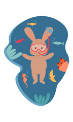 A cute funny rabbit in a swimming mask with a snorkel is engaged in diving underwater. Sea inhabitants and algae. Vector illustration. 2023 new year. Year of rabbit.