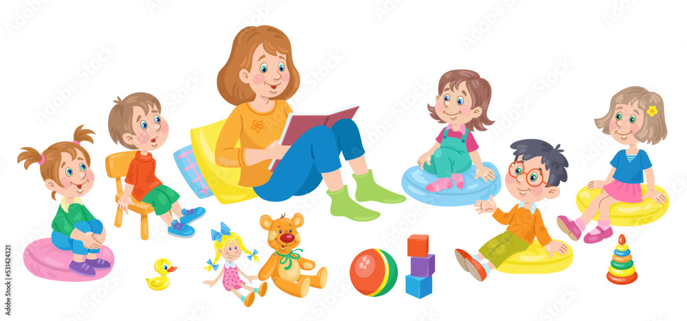 Canvas Prints Cute young woman is reading a book to little children. They are sitting on the floor surrounded by toys. In cartoon style. Isolated on white background. Vector illustration.