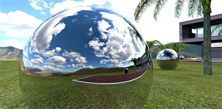 The amazing manor and blue cloudy sky is reflected in a huge chrome ball set on the lawn as a decoration. 3d render.