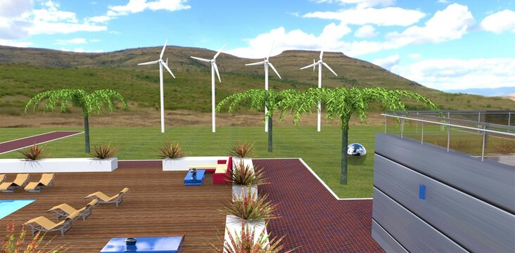 View from the balcony of a modern country house on the adjacent territory with a recreation area and wind turbines as a source of renewable electricity. 3d render.
