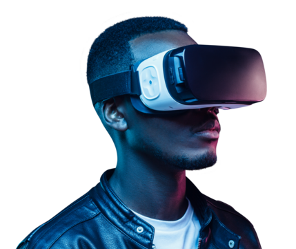 African american with VR headset in metaverse world