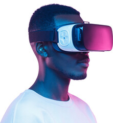 VR metaverse concept. Young african man wearing virtual reality headset